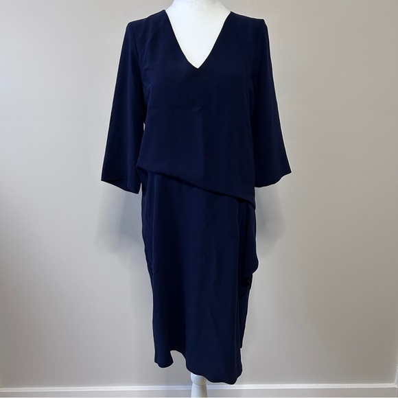 Gerard Darel Women's Size 8(40) Blue Asymmetrical Sheath Dress V-neck 3/4 Sleeve - Picture 3 of 16
